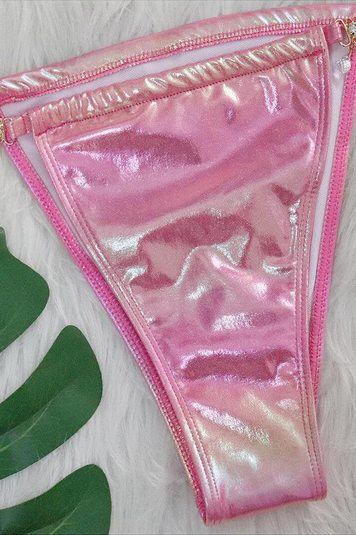 Pink Holographic Rhinestone Starfish Strappy Draw String Cheeky 2Pc Swimsuit Set Bikini