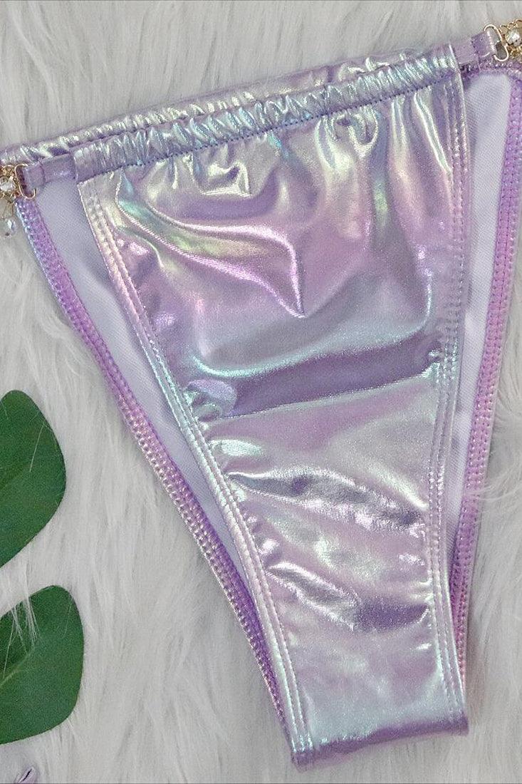 Purple Holographic Rhinestone Starfish Strappy Draw String Cheeky 2Pc Swimsuit Set Bikini