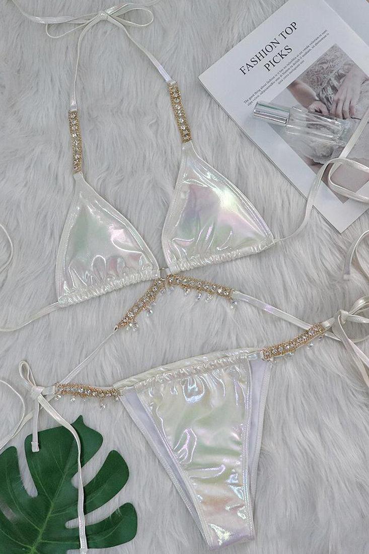 White Holographic Rhinestone Starfish Strappy Draw String Cheeky 2Pc Swimsuit Set Bikini