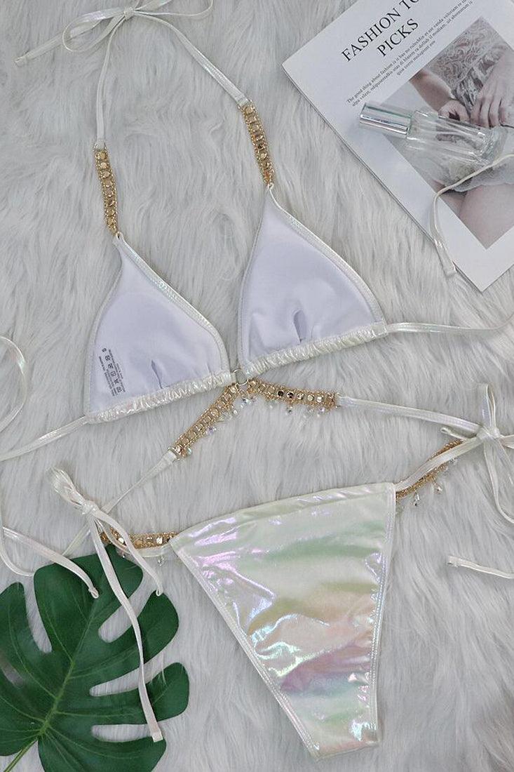 White Holographic Rhinestone Starfish Strappy Draw String Cheeky 2Pc Swimsuit Set Bikini