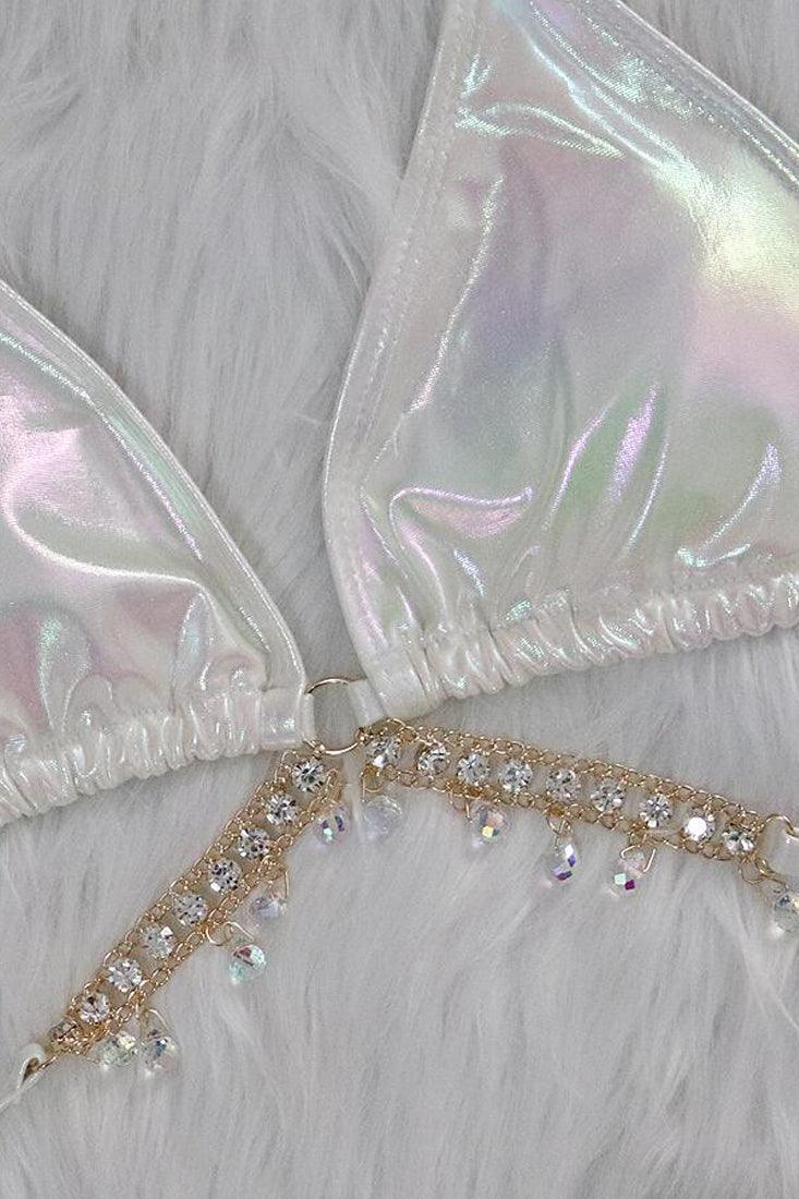 White Holographic Rhinestone Starfish Strappy Draw String Cheeky 2Pc Swimsuit Set Bikini