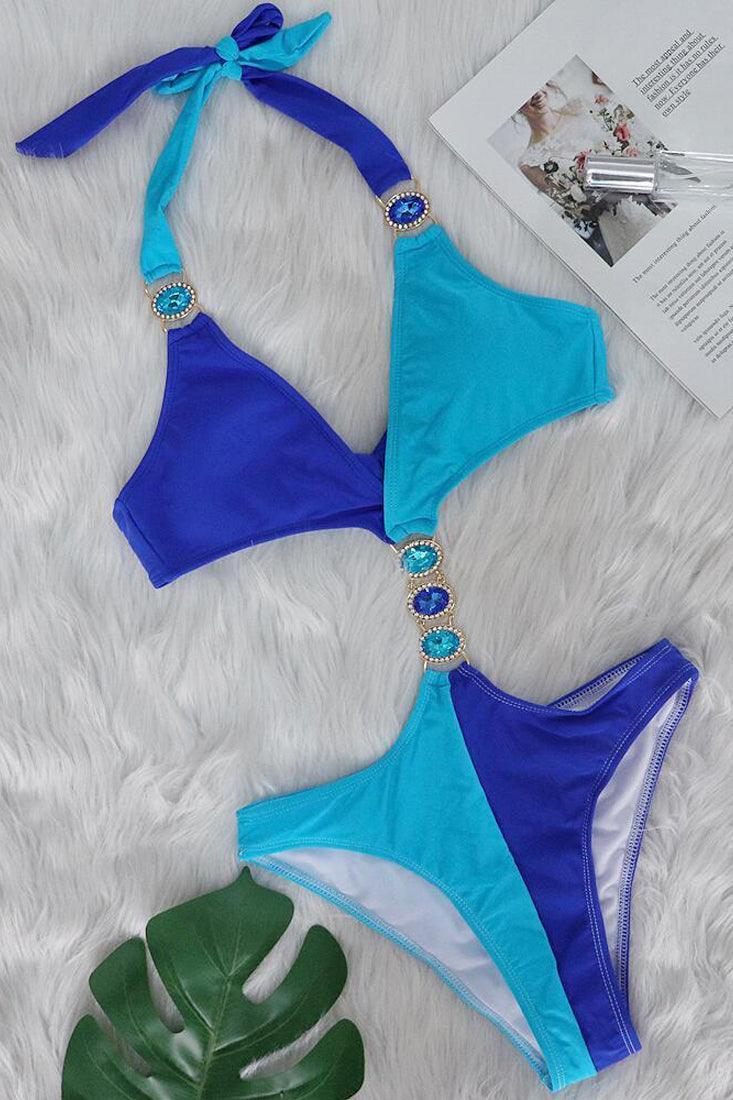 Blue Color Block Rhinestone One Piece Cheeky Swimsuit Monokini