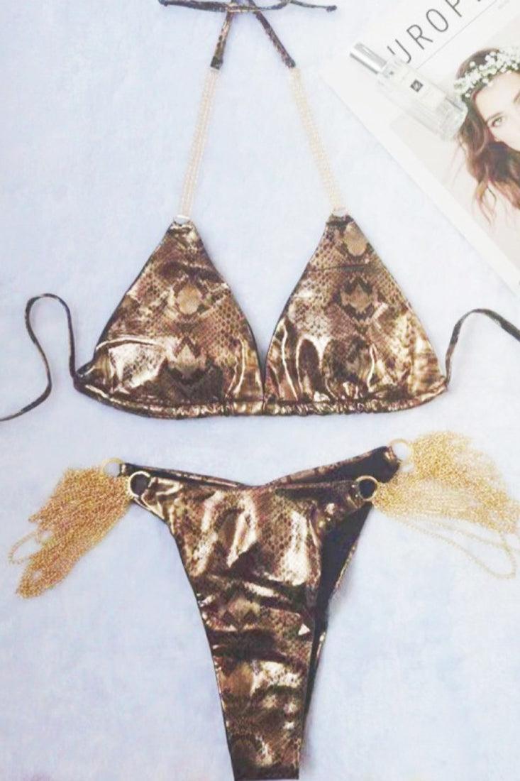 Bronze Snake Print Gold Chain Sexy Triangle Cheeky Ruched Back 2Pc Bikini Swimsuit