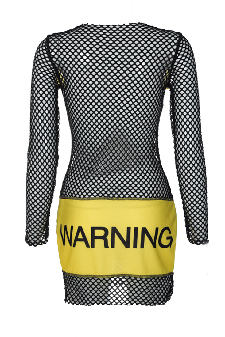 Black Netted Yellow Warning Tape Sexy Mini Dress