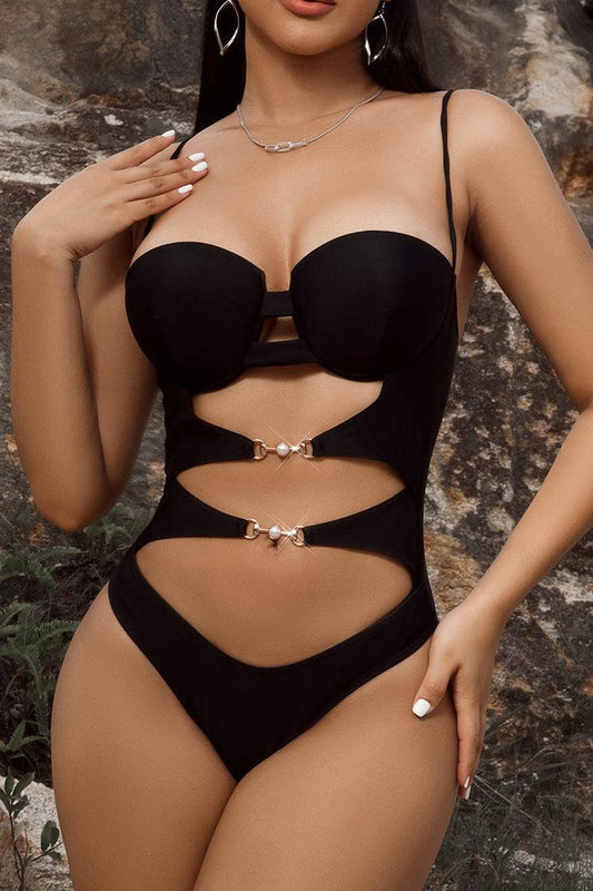 Black Padded Push-Up Cut-Out Designer Buckle 1Pc Swimsuit Monokini