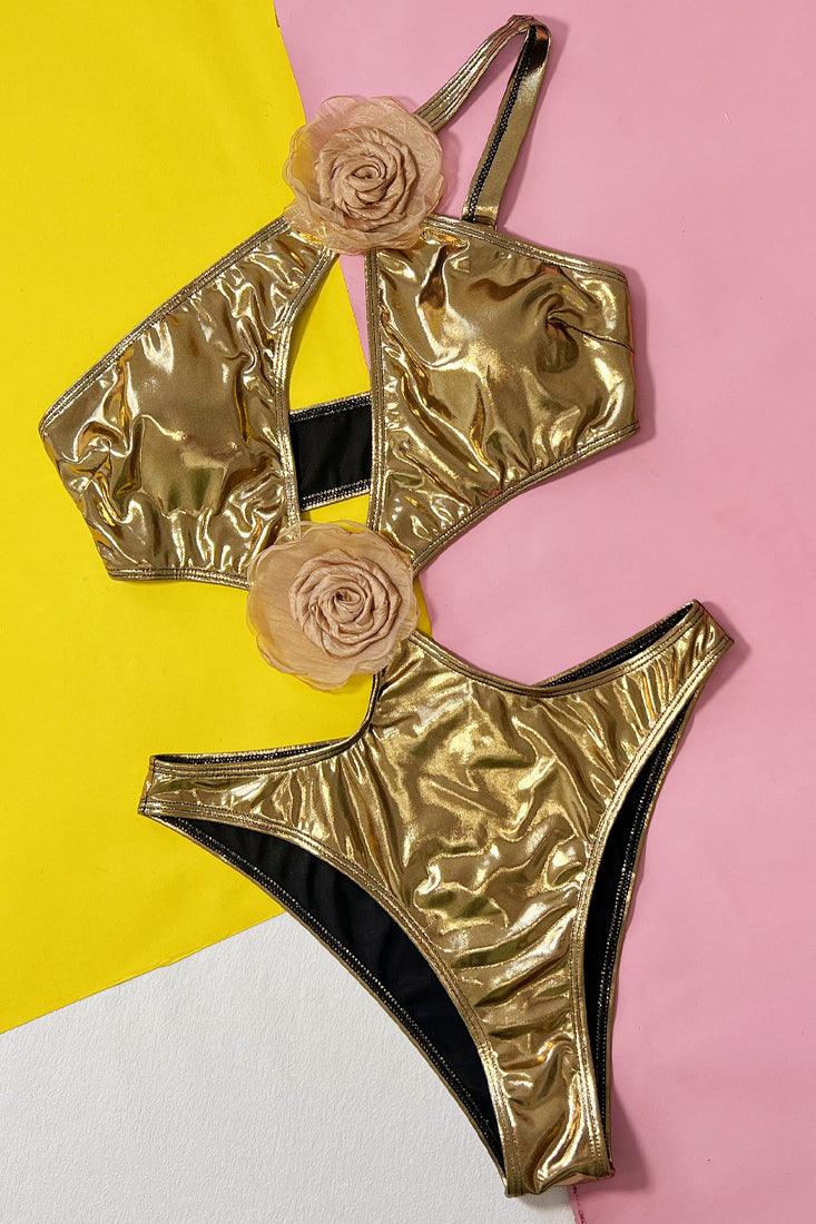 Gold Metallic One Shoulder Rosette Cut-Out Sexy 1Pc Swimsuit Monokini