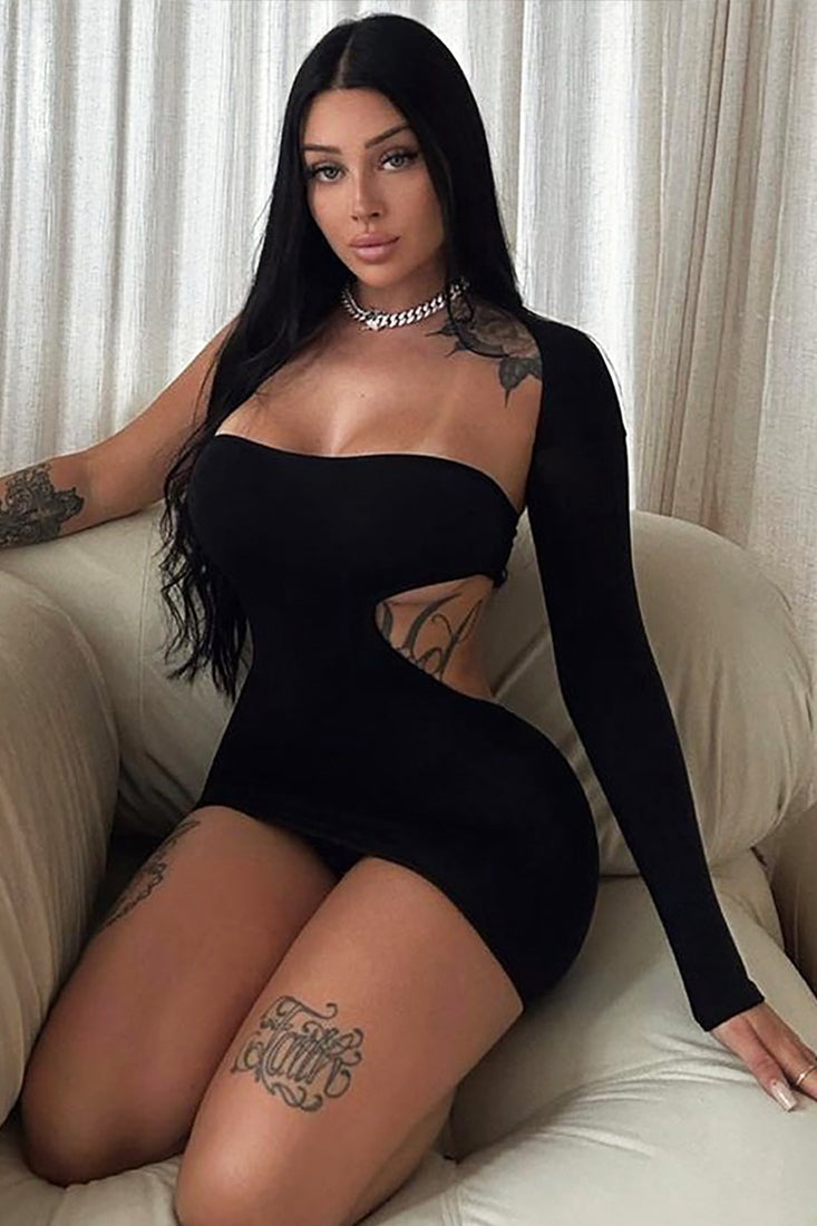 Black One Sleeve Cut-Out Sexy Fitted Party Dress