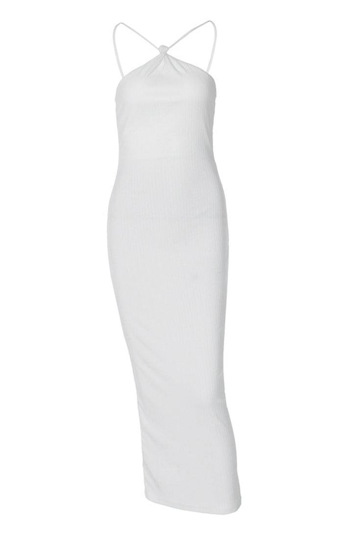 White Twist Thin Halter High Slit Sexy Fitted Full Length Party Dress