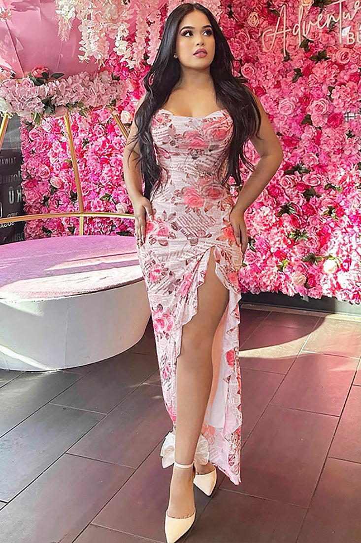 Pink Rose Butterfly Printed Sleeveless High Slit Ruffle Sexy Fitted Maxi Dress