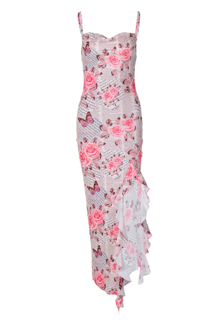 Pink Rose Butterfly Printed Sleeveless High Slit Ruffle Sexy Fitted Maxi Dress