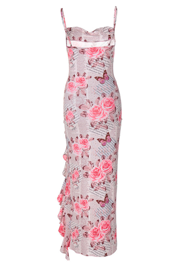 Pink Rose Butterfly Printed Sleeveless High Slit Ruffle Sexy Fitted Maxi Dress