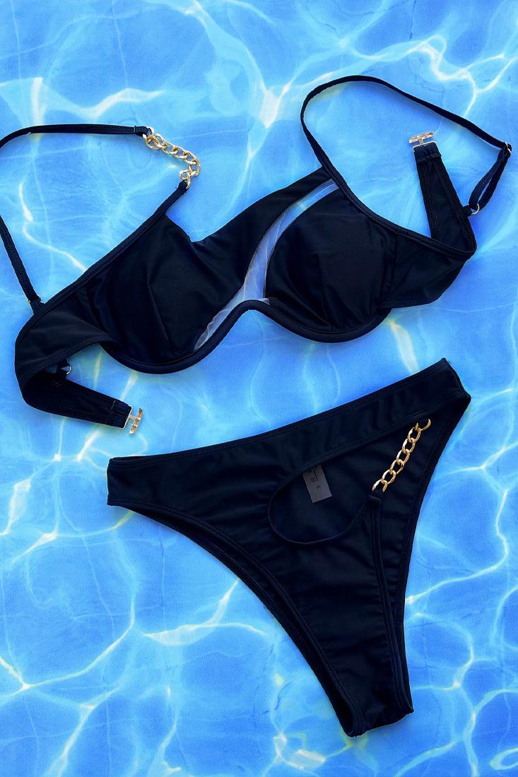 Black One Shoulder Mesh Gold Chain Cut-Out 2Pc Sexy Swimsuit Bikini