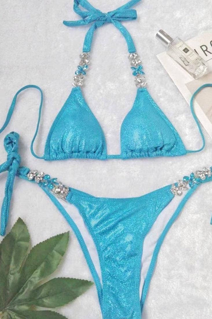 Turquoise Blue Sequin Rhinestone Gem Cheeky Ultra Sexy Ruched Butt Bikini 2Pc Swimsuit