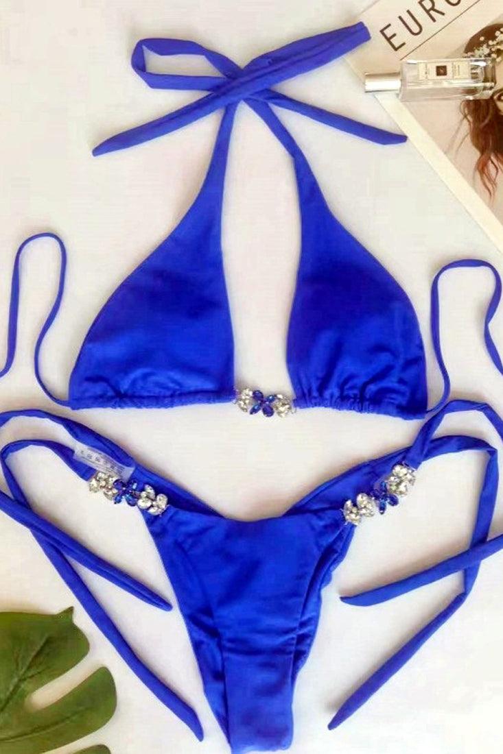 Royal Blue Rhinestone Gem Halter Cheeky Sexy 2Pc Bikini Swimsuit Set