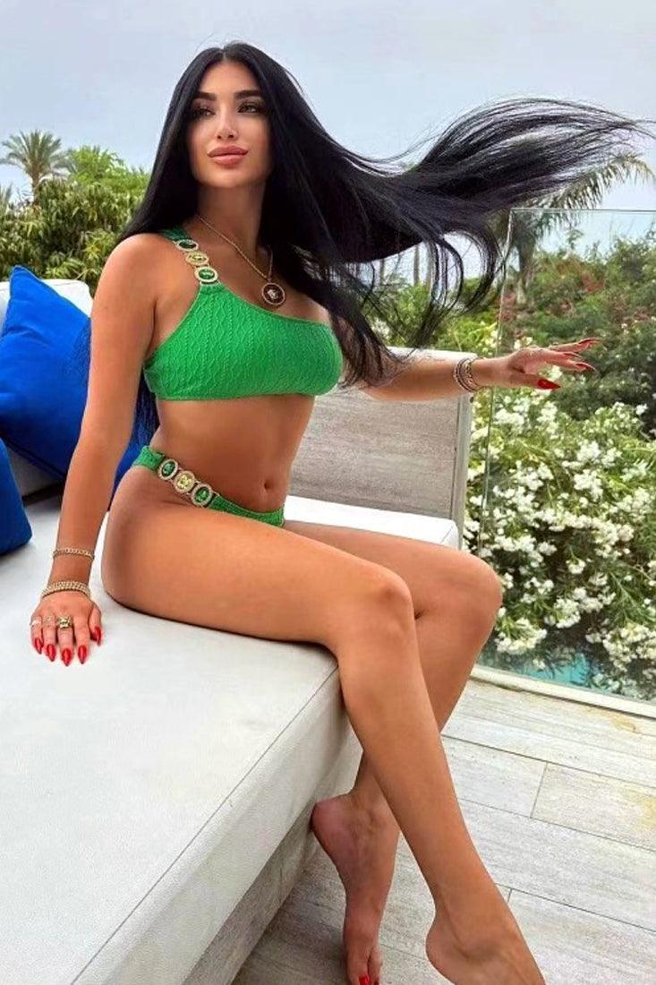 Green Rhinestone Gem One Shoulder 2Pc Bikini Sexy Swimsuit Set