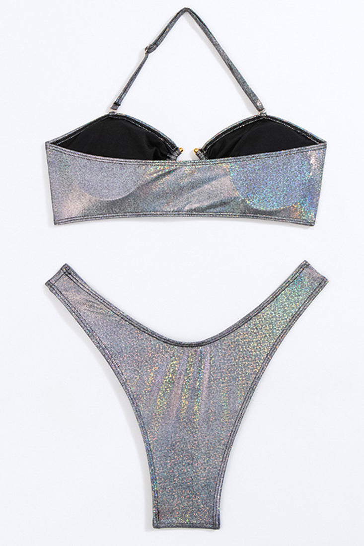 Silver Holographic Bandeau Halter Cheeky Sexy 2Pc Swimsuit Bikini