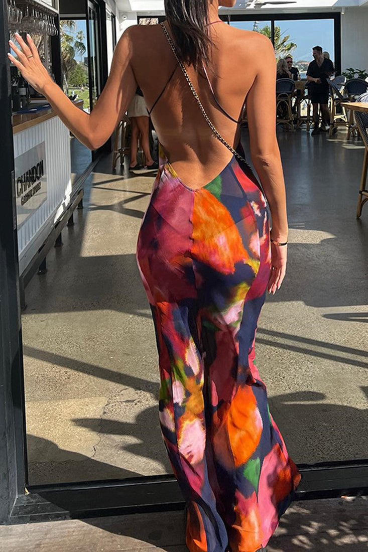 Flower Water Color Sheer Lace Strappy Sexy Maxi Resort Dress