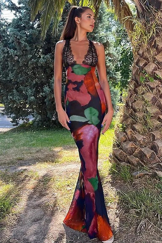 Flower Water Color Sheer Lace Strappy Sexy Maxi Resort Dress