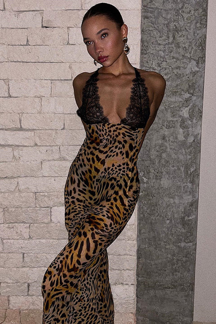 Leopard Print Sheer Lace Strappy Sexy Maxi Resort Dress