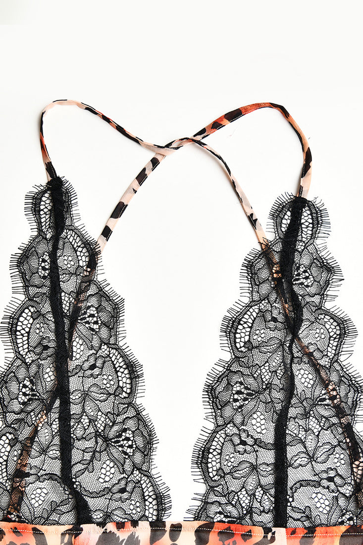 Leopard Print Sheer Lace Strappy Sexy Maxi Resort Dress