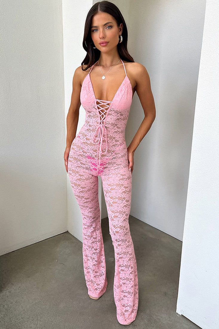 Pink Lace All Over Halter Sexy Bell Bottom Fitted Jumpsuit