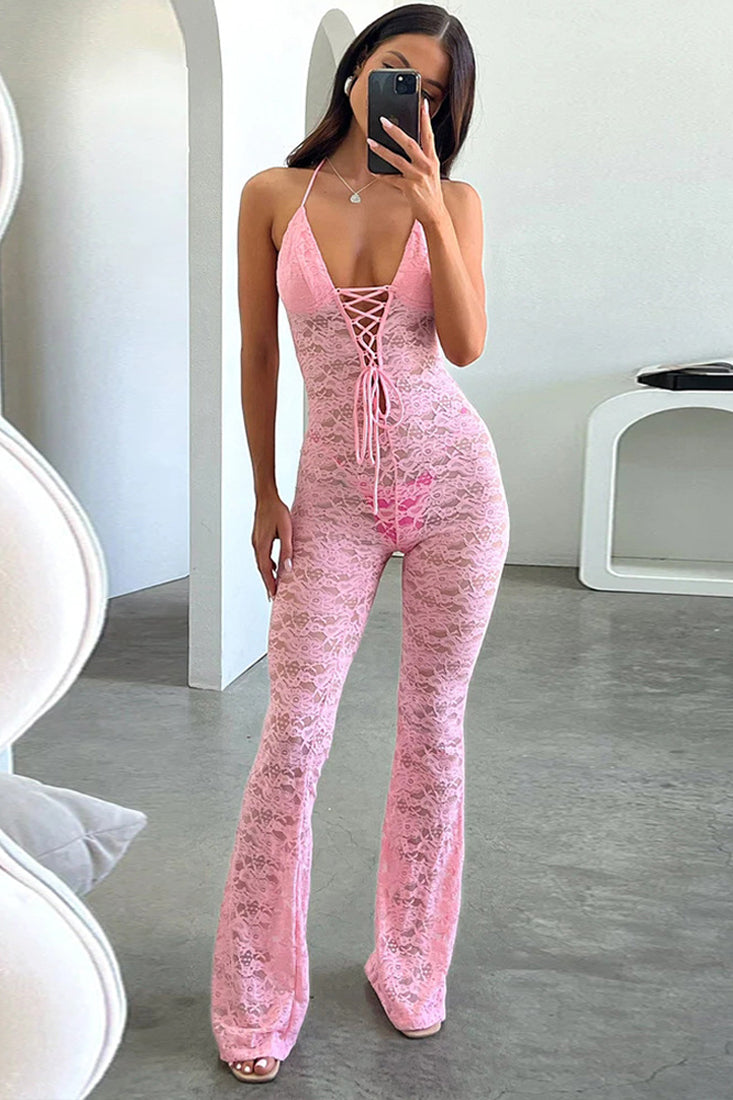 Pink Lace All Over Halter Sexy Bell Bottom Fitted Jumpsuit