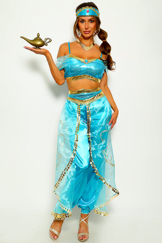 Super Lux Blue Sequin Gold Satin Mesh 3 Pc Princess Jasmin Costume