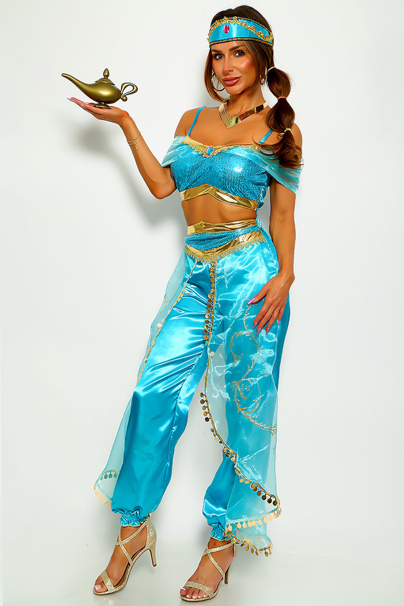 Super Lux Blue Sequin Gold Satin Mesh 3 Pc Princess Jasmin Costume