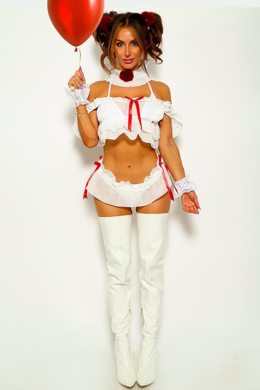 White Red Ruffle It Clown 6 Pc Sexy Halloween Costume