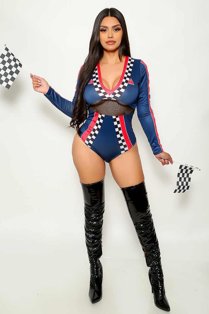 Navy Checker Mesh Long Sleeve Sexy Race Car Racer Costume