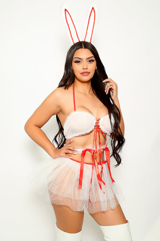 White Red Tulle Mesh Ribbon 5Pc Sexy Bunny Costume