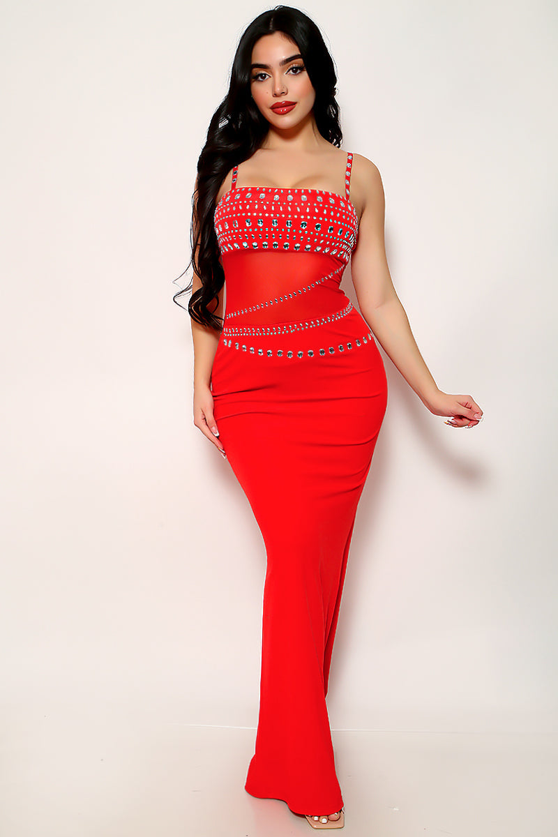 Red Big Rhinestones Gem Mesh Sexy Fitted Mermaid Maxi Party Dress