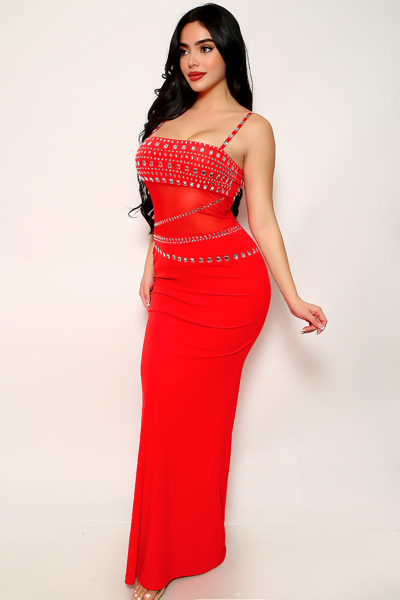 Red Big Rhinestones Gem Mesh Sexy Fitted Mermaid Maxi Party Dress