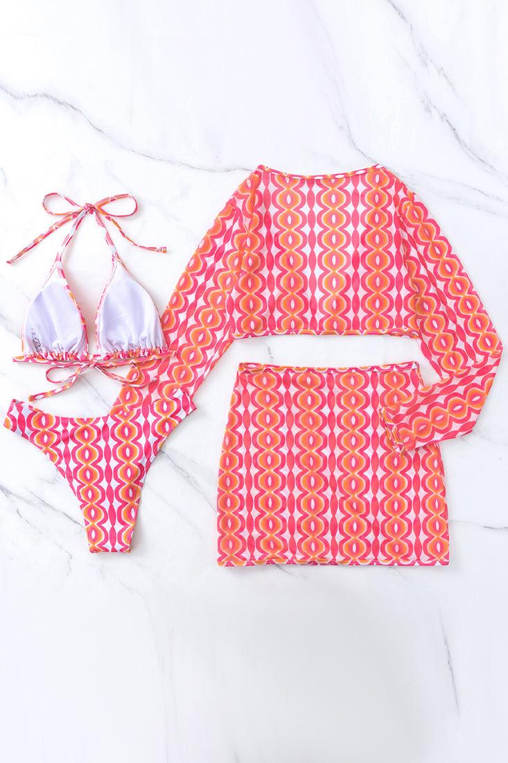 Pink Printed Triangle Cheeky Long Sleeve Top Skirt Cover-Up 4Pc Swimsuit Set