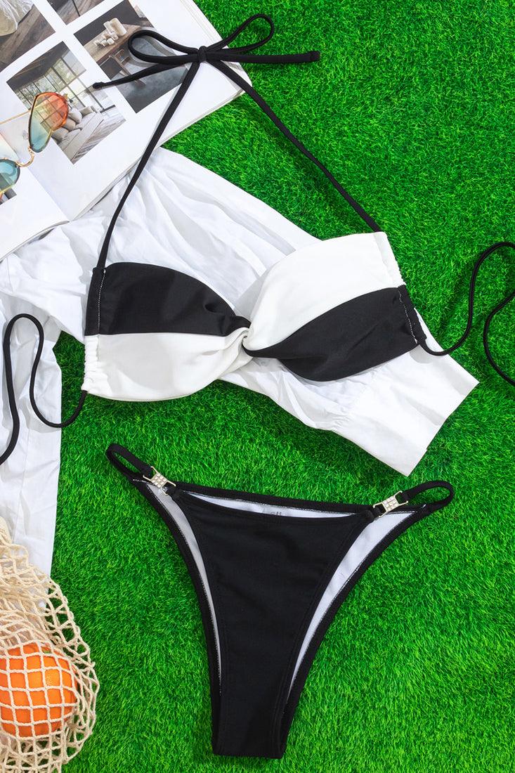 Black White Color Block Twist Halter Rhinestone Cheeky 2Pc Swimsuit Bikini