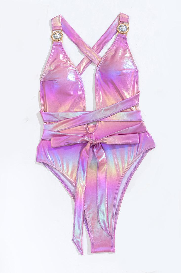 Pink Unicorn Metallic Rhinestone Gem Plunging Cheeky Monokini 1Pc Swimsuit