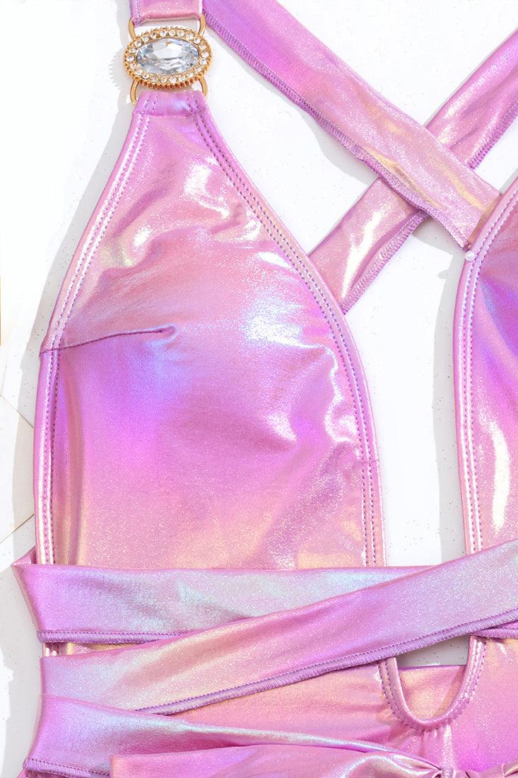 Pink Unicorn Metallic Rhinestone Gem Plunging Cheeky Monokini 1Pc Swimsuit