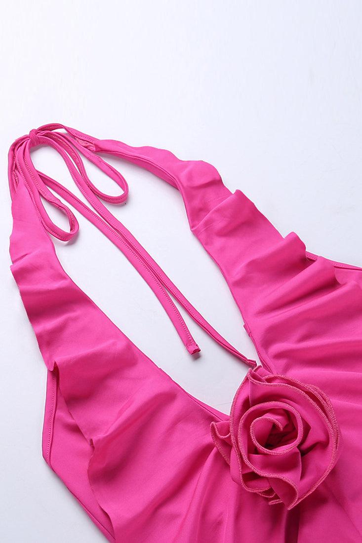 Hot Pink Rose Rosette Ruffle Sexy Halter Dress