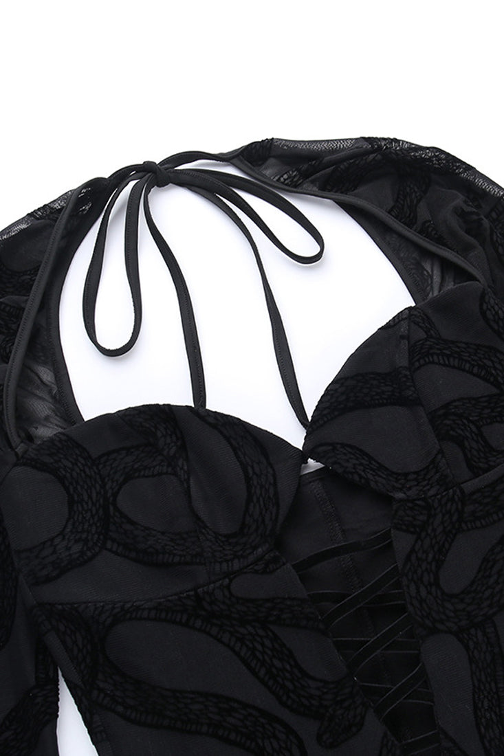 Black Lace Velvet Cut-Out Lace-Up Long Sleeve Sexy Fitted Dress