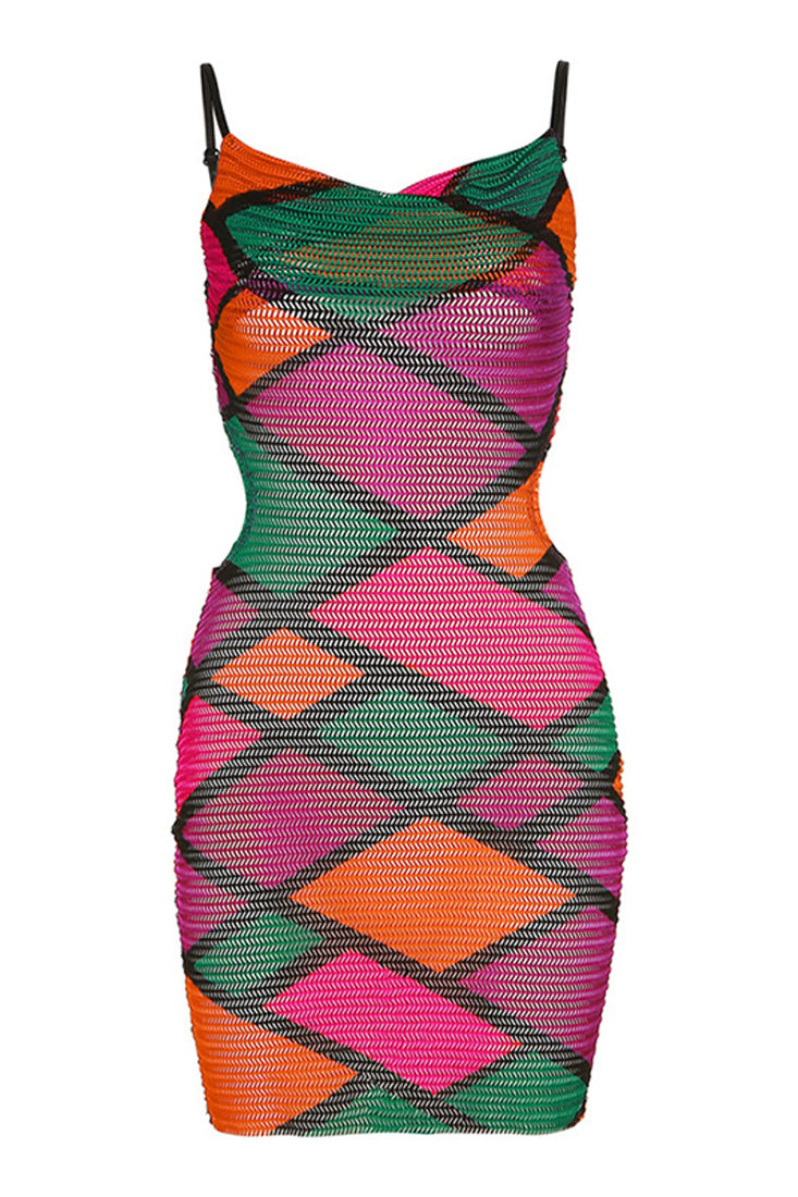 Multi Netted Mesh Cut-Out Sleeveless Sexy Fitted Mini Dress