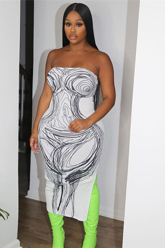 White Black Abstract Body Drawing Strapless Slit Sexy Midi Dress