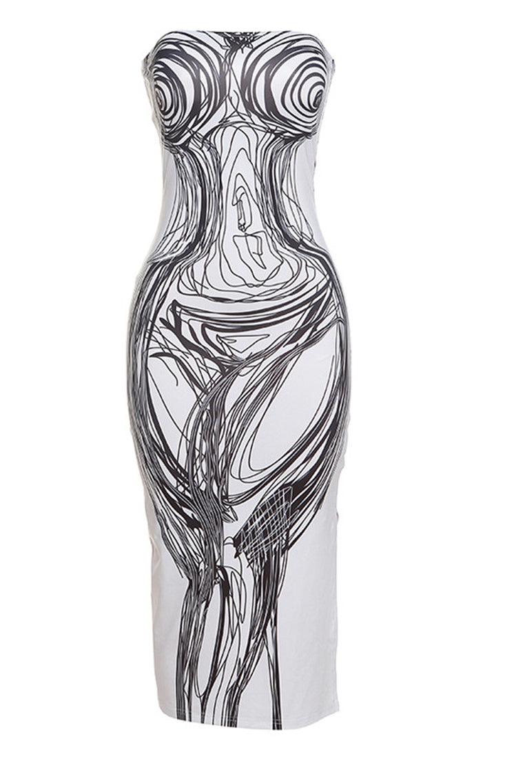 White Black Abstract Body Drawing Strapless Slit Sexy Midi Dress