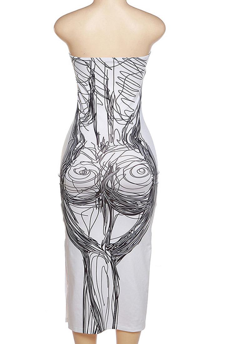 White Black Abstract Body Drawing Strapless Slit Sexy Midi Dress