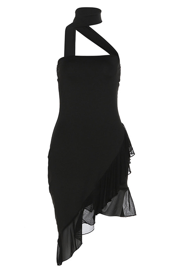 Black Neck Wrap Halter Fit & Flare Asymmetrical Mesh Ruffle Sexy Dress