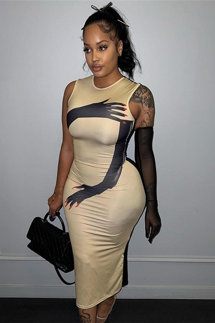 Beige Black Designer Inspired Hands Sexy Fitted Midi Dress