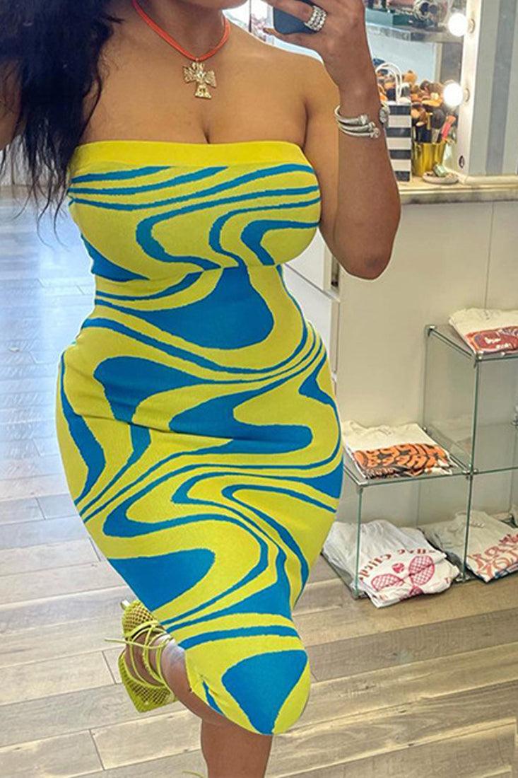 Yellow Multi Printed Strapless Fitted Sexy Midi Dress