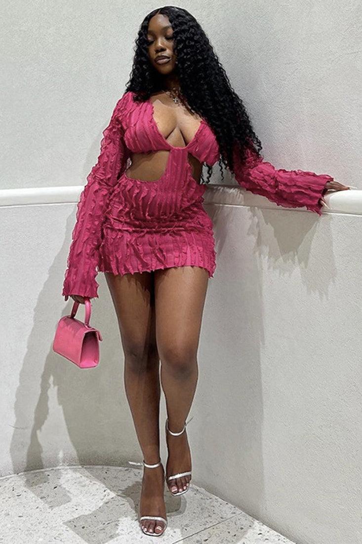 Pink Ruffle Texture Long Sleeves Cut-Out Sexy Dress