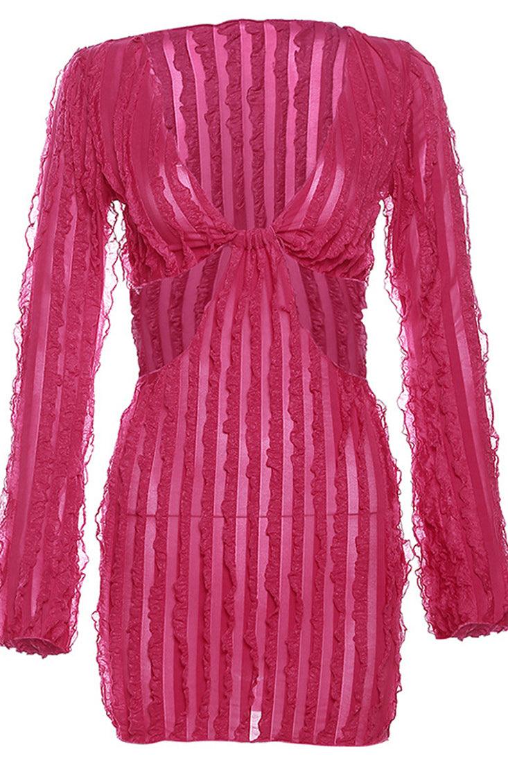 Pink Ruffle Texture Long Sleeves Cut-Out Sexy Dress