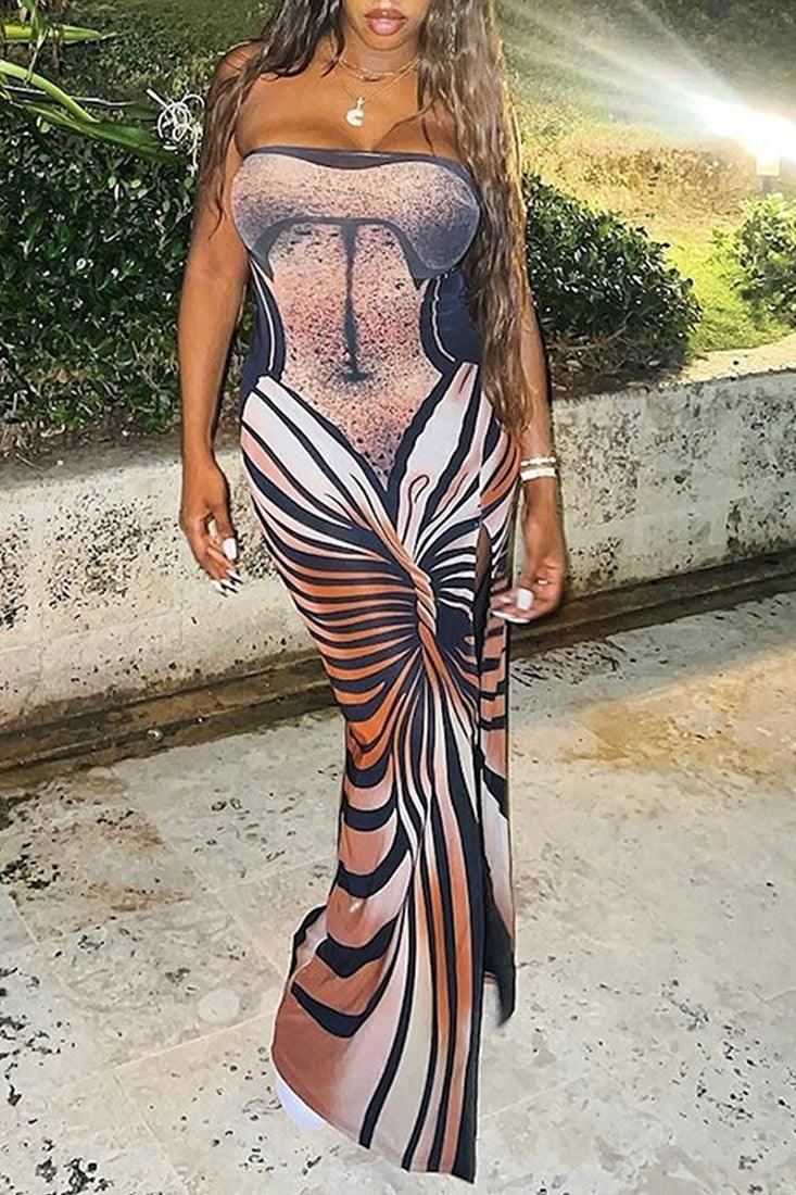 Brown Printed Strapless High Slit Sexy Maxi Dress