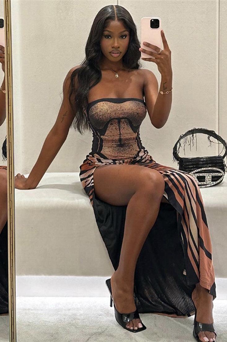 Brown Printed Strapless High Slit Sexy Maxi Dress